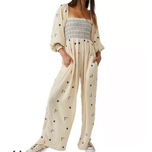 Free People Cream and Blue Jumpsuit